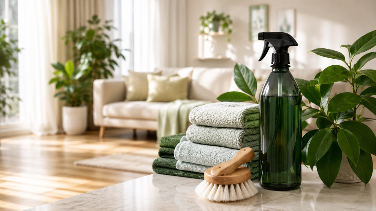 Cleaning setup with towels, brush, spray bottle, and indoor plants.